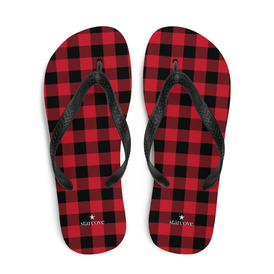 Red Buffalo Plaid Flip Flops, Black Checkered Check Square Pattern Comfortable Thong Sandals Women Men Beach Print Rubber Slippers Shoes