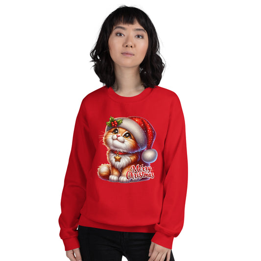 Cat Christmas Sweater, Meowy Cute Kitten Ugly Xmas Print Unisex Women Men Vintage Funny Party Winter Holiday Plus Size Sweatshirt