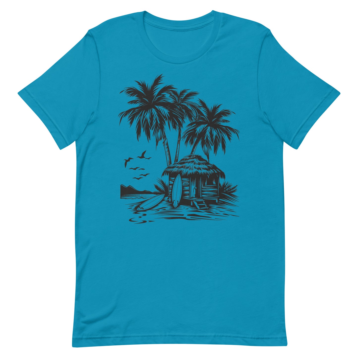 Beach Bungalow Palm Trees Tshirt, Surf Boards Designer Graphic Lightweight Summer Crewneck Men Women Tee Top Short Sleeve Shirt