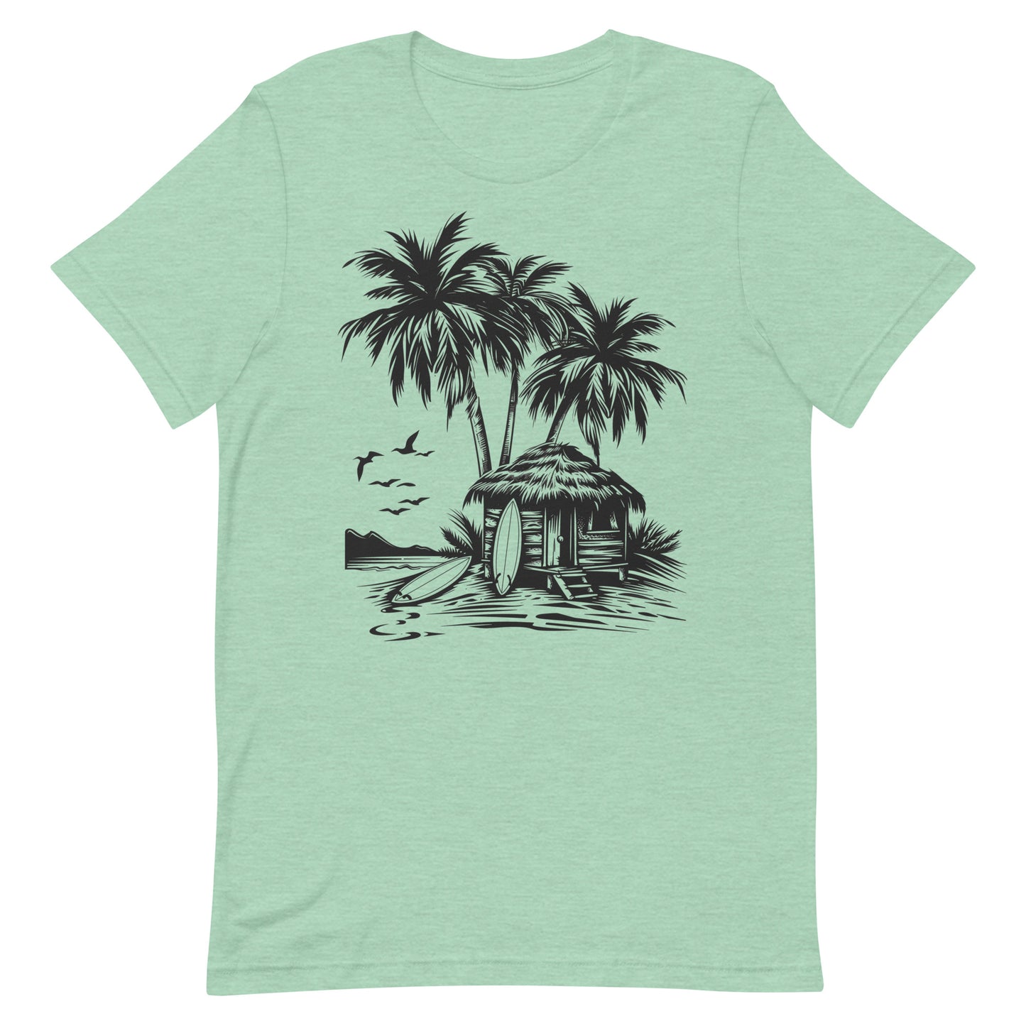 Beach Bungalow Palm Trees Tshirt, Surf Boards Designer Graphic Lightweight Summer Crewneck Men Women Tee Top Short Sleeve Shirt