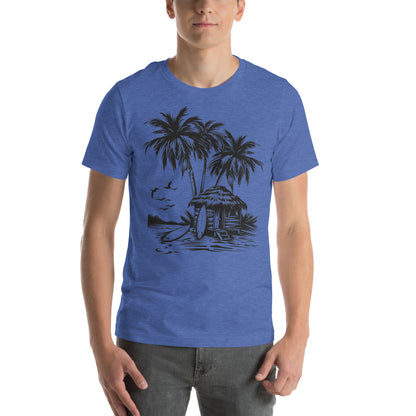 Beach Bungalow Palm Trees Tshirt, Surf Boards Designer Graphic Lightweight Summer Crewneck Men Women Tee Top Short Sleeve Shirt