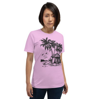 Beach Bungalow Palm Trees Tshirt, Surf Boards Designer Graphic Lightweight Summer Crewneck Men Women Tee Top Short Sleeve Shirt