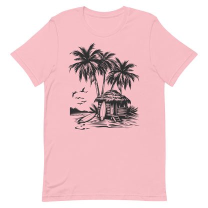 Beach Bungalow Palm Trees Tshirt, Surf Boards Designer Graphic Lightweight Summer Crewneck Men Women Tee Top Short Sleeve Shirt