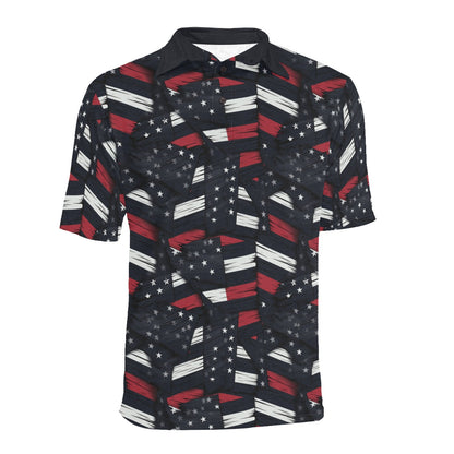 Red White Blue Check Men Polo Shirt, Navy American Flag USA Stars Stripes Short Sleeve Classic Collared Button Down Up Rugby Golf Polo Gift