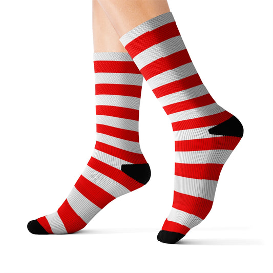 Red and White Striped Socks, Crew 3D Sublimation Women Men Designer Fun Novelty Cool Funky Casual Cute Unique Gift Starcove Fashion