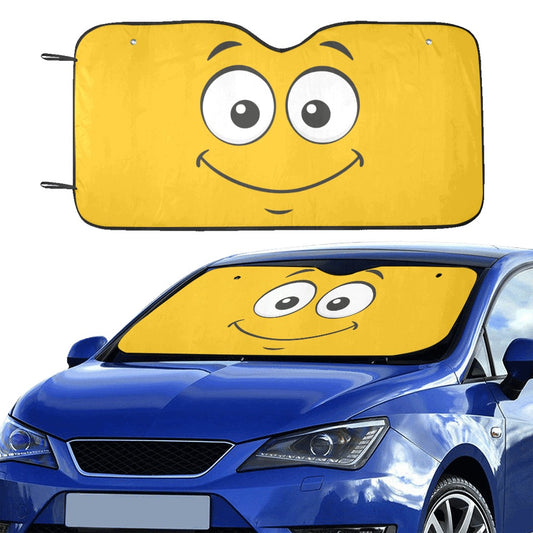 Cartoon Eyes Windshield Sun Shade, Happy Smiling Face Yellow Car Accessories Auto Protector Window Visor Screen Decor 55" x 29.53"