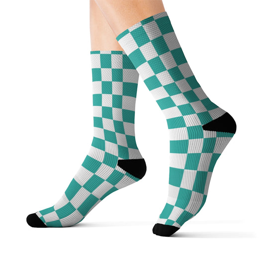 Green Checkered Socks, Check Crew 3D Sublimation Women Men Designer Fun Novelty Cool Funky Crazy Casual Unique Gift Starcove Fashion