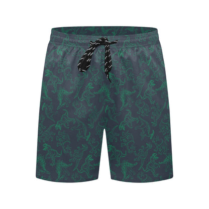 Dinosaur Men Swim Trunks, Green Dino Mid Length Shorts Beach Front Back Pockets Mesh Linen Drawstring Casual Bathing Suit Swimwear Plus Size