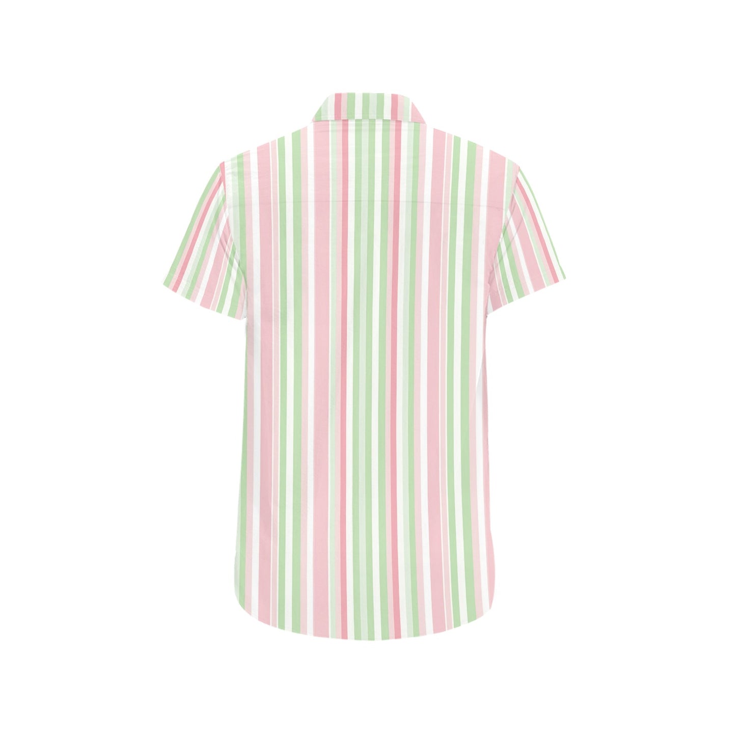 Pink Green Striped Short Sleeve Men Button Down Shirt, Vertical Stripes Vintage Retro Print Casual Buttoned Summer Dress Collared Shirt