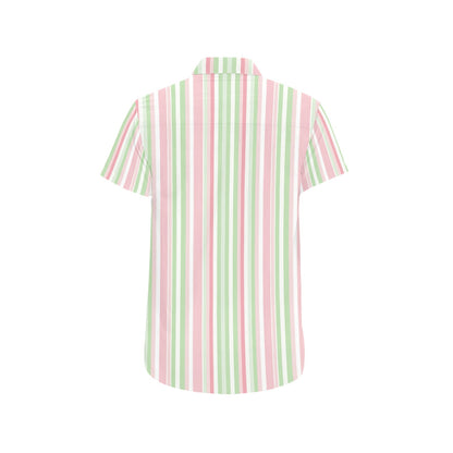 Pink Green Striped Short Sleeve Men Button Down Shirt, Vertical Stripes Vintage Retro Print Casual Buttoned Summer Dress Collared Shirt