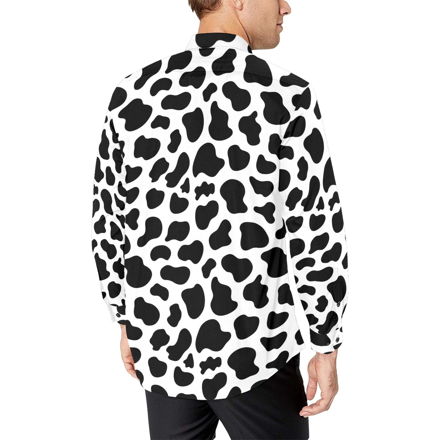 Cow Print Long Sleeve Men Button Up Shirt, Black White Animal Guys Male Print Buttoned Down Collared Graphic Casual Dress Shirt