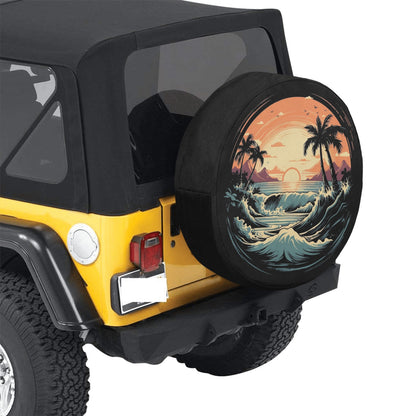 Beach Spare Tire Cover, Sunset Backup Camera Hole Rear Wheel Accessories Sun Tropical Palm Trees Waves Custom Unique Trailer Camper RV Back