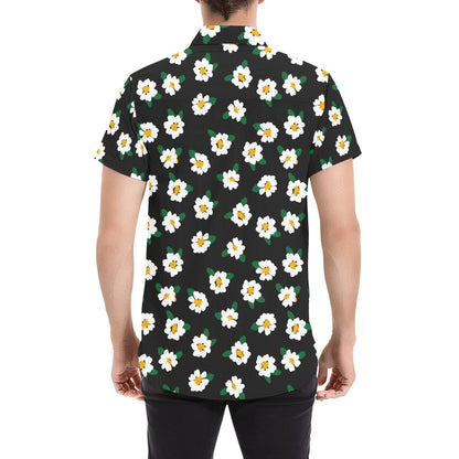 White Flowers Short Sleeve Men Button Up Shirt, Floral Black Print Casual Buttoned Down Summer Dress Guys Male Collared Shirt