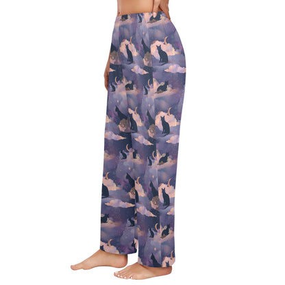 Cats Women Pajamas Pants, Clouds Half Moon Purple Pink Satin PJ Pockets Trousers Cute Mom Holiday Adult Ladies Trousers Bottoms