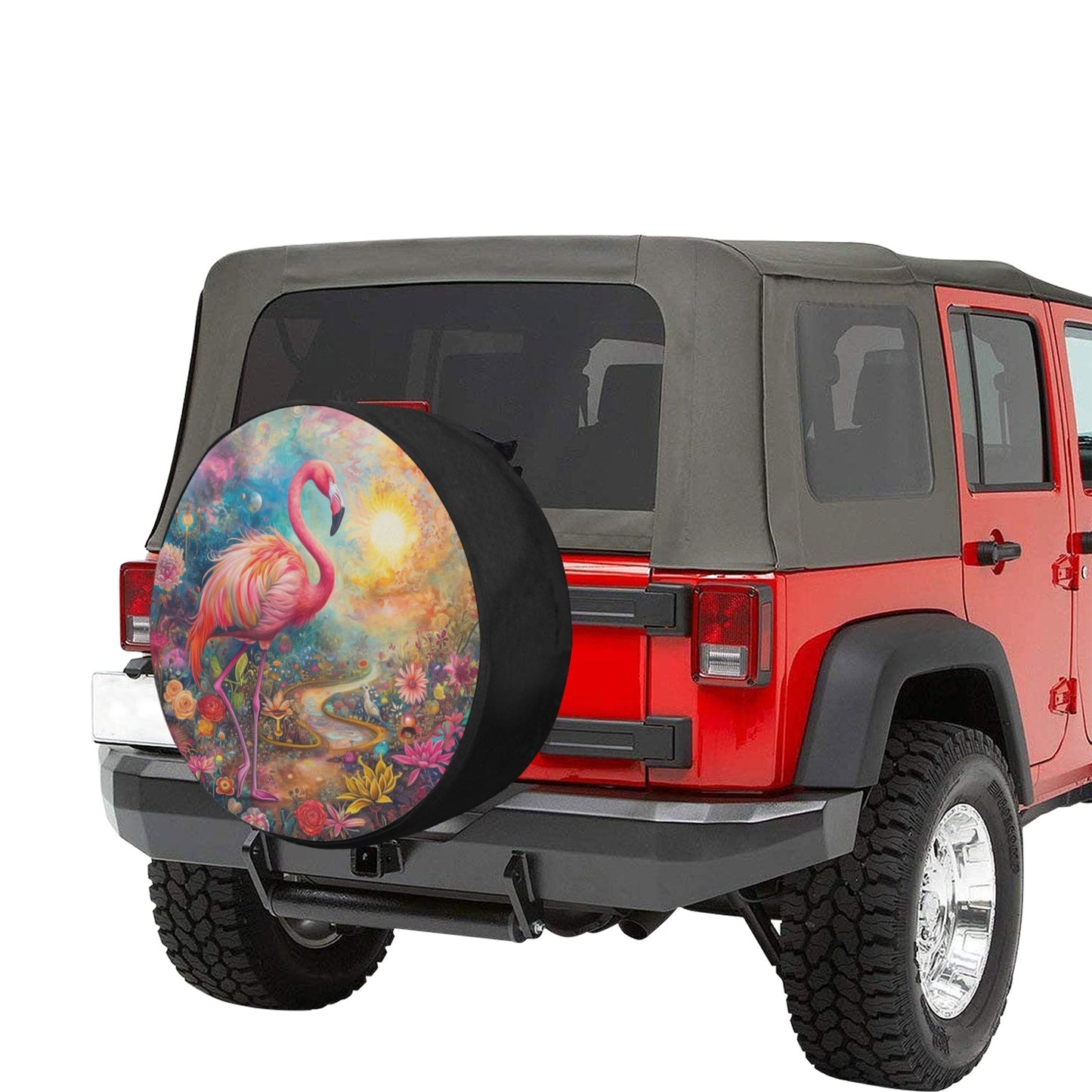 Pink Flamingo Spare Tire Cover, Floral Tropical Flowers Backup Camera Hole Rear Wheel Accessories Unique Design Trailer Camper RV Back