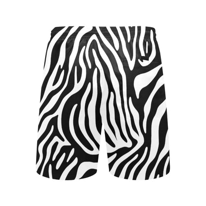 Zebra Stripes Men Swim Trunks, Animal Mid Length Shorts Beach Pockets Mesh Lining Drawstring Guys Casual Bathing Suit Plus Size Swimwear