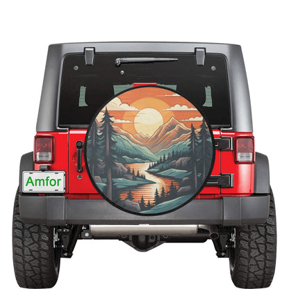 Boho Mountains Spare Tire Wheel Cover, Sunset Pine Trees Travel Custom Back Up Camera Hole Design Backup RV Car Lover Gift Camper Truck