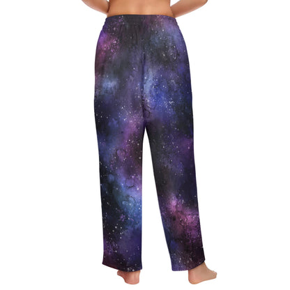 Space Galaxy Women Pajamas Pants, Universe Purple Cosmos Satin PJ Funny Pockets Trousers Couples Matching Ladies Trousers Bottoms