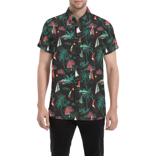 Palm Tree Short Sleeve Men Button Up Shirt, Green Tropical Sail Boat Nautical Hawaiian Print Casual Buttoned Down Summer Dress Vacation