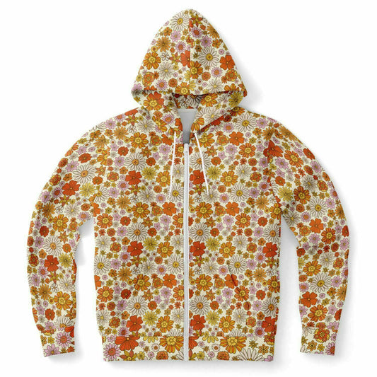 Groovy Flowers Zip Up Hoodie, Vintage Floral 70s Orange Zipper Pocket Men Women Unisex Adult Aesthetic Cotton Fleece Hooded Sweatshirt Starcove Fashion