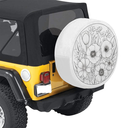 Flowers Spare Tire Cover, Floral Drawing White Wheel Accessories Custom Unique Design Backup Camera Hole Trailer Back Women Gift