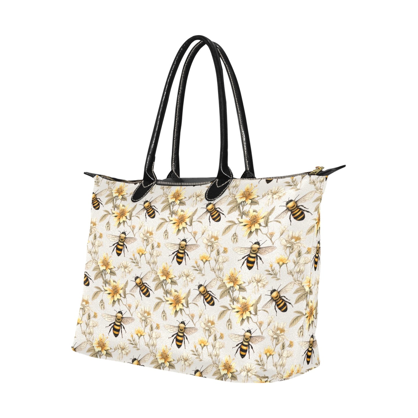 Bumble Bee Floral Purse Handbag Women, Flowers Floral White Print Canvas and Leather Tote Designer Accessory Bag Gift Ladies Purse