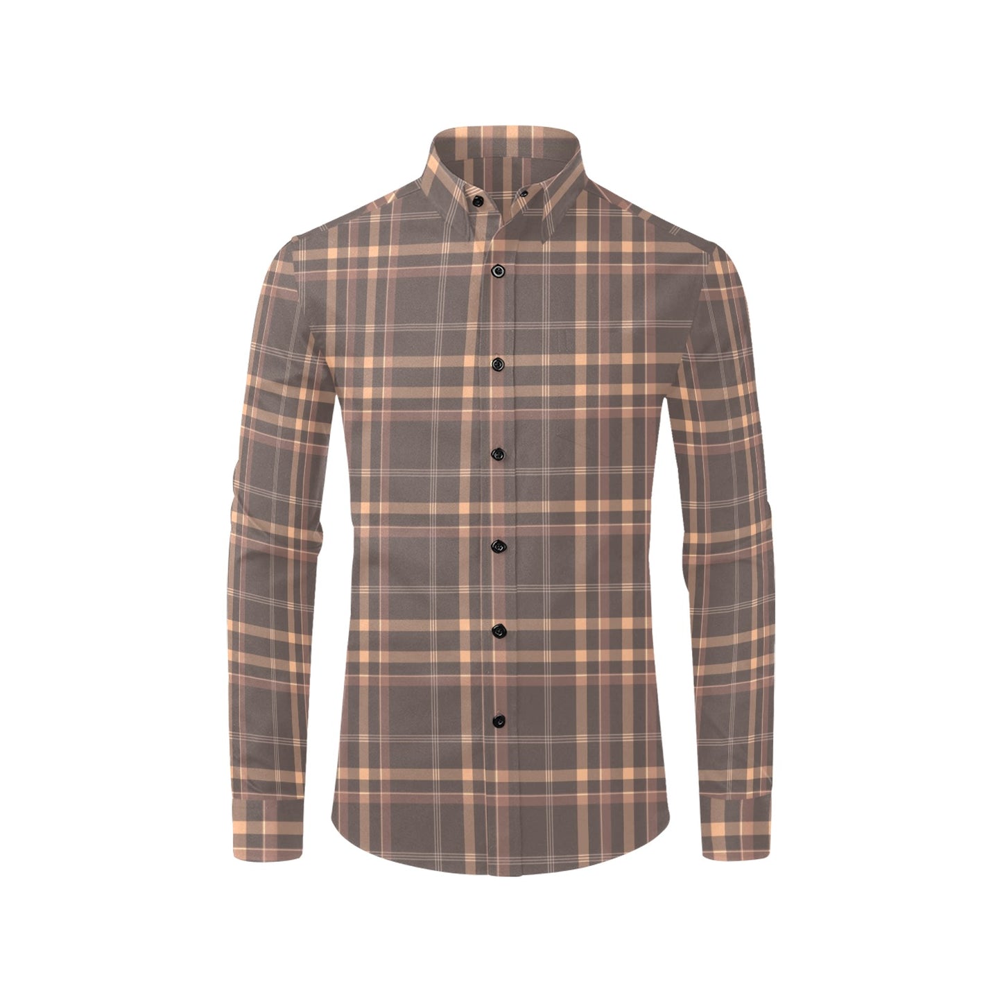 Brown Plaid Long Sleeve Men Button Up Shirt, Check Tartan Check Print Buttoned Collar Casual Dress Shirt with Chest Pocket Guys