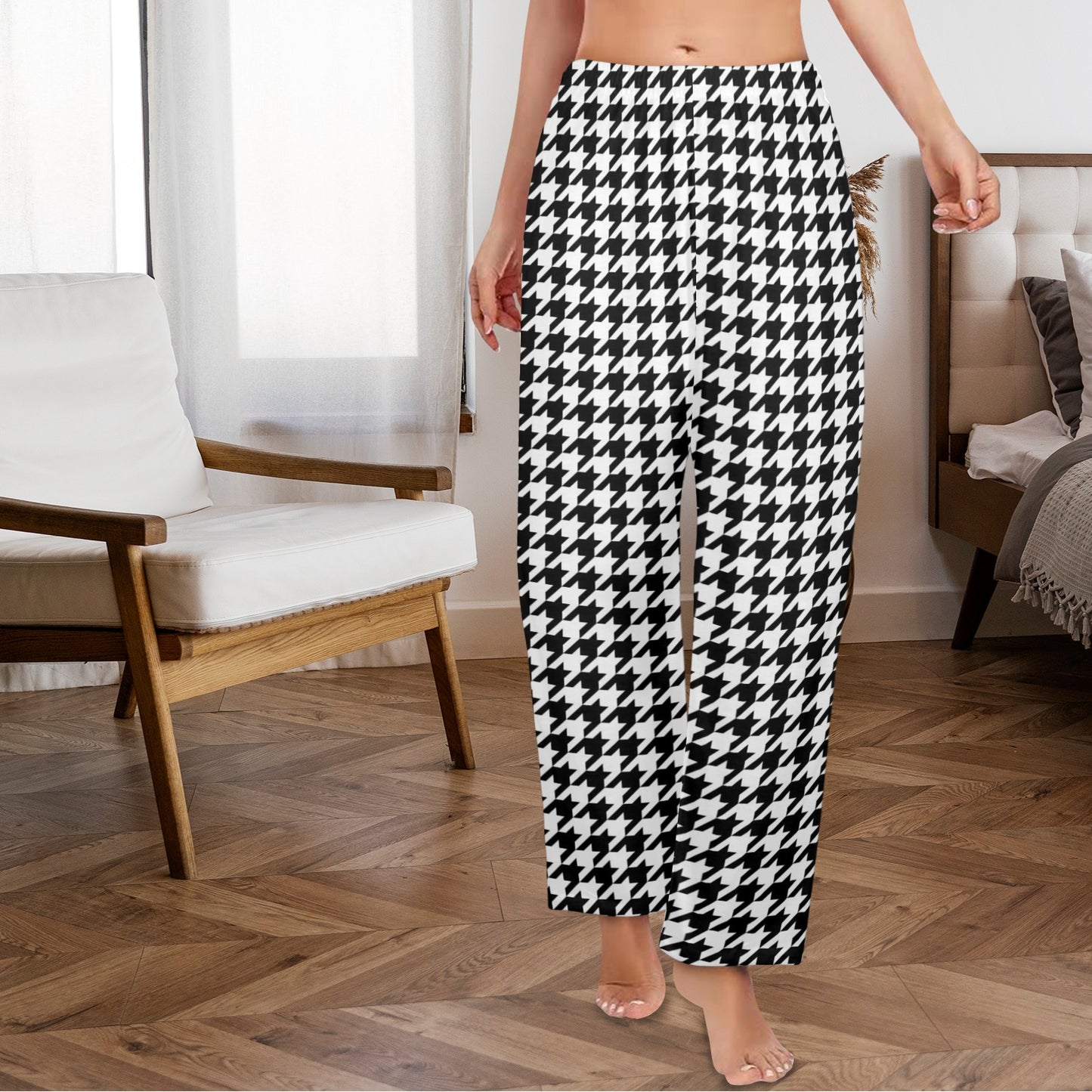 Houndstooth Women Pajamas Pants, Black White Pattern Satin PJ Pockets Trousers Couples Matching Ladies Trousers Bottoms