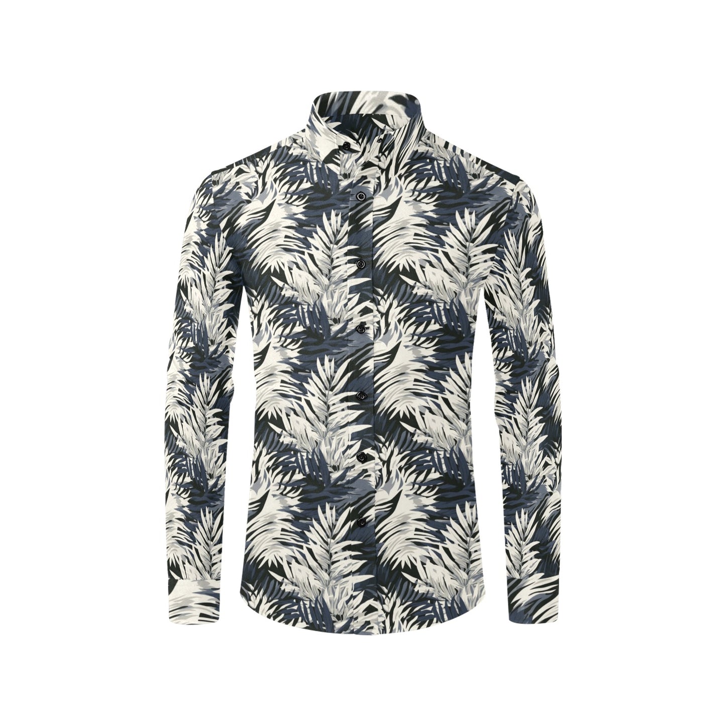 Tropical Leaves Long Sleeve Men Button Up Shirt, Black White Palm Summer Print Dress Buttoned Collar Casual Dress Shirt with Chest Pocket