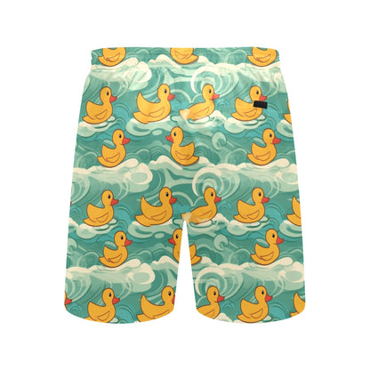 Yellow Rubber Duck Men Swim Trunks Shorts, Print Swimming Mid Length Funny Beach Pockets Mesh Drawstring Boys Casual Bathing Suit Summer