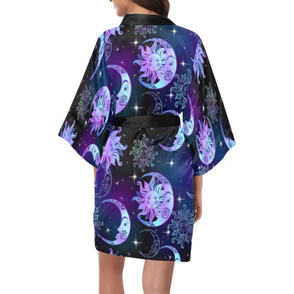 Sun Moon Kimono Robe, Stars Print Purple Oriental Constellation Celestial Boho Bohemian Bathrobe Women's Short Lounge Sleepwear Pajama