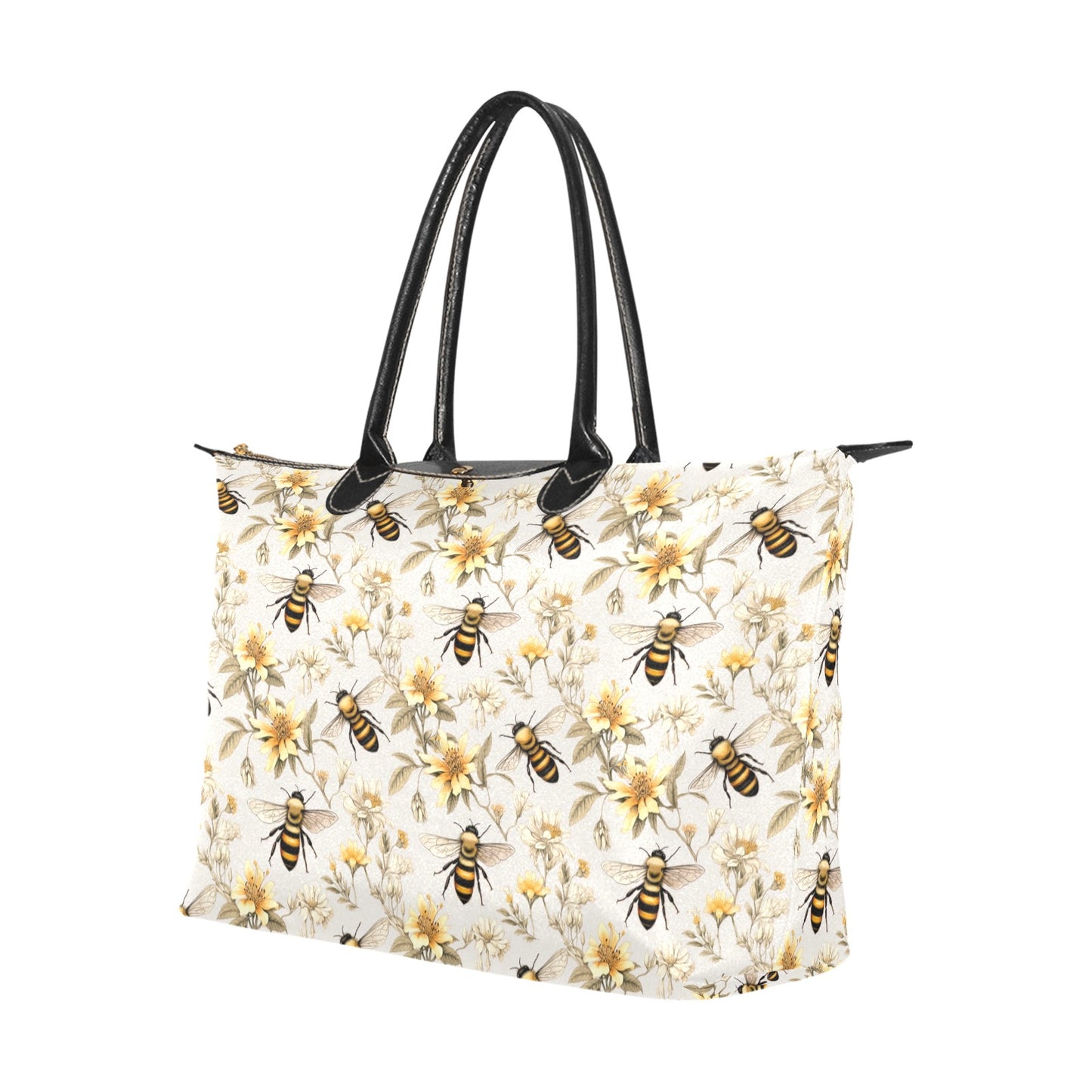 Bumble Bee Floral Purse Handbag Women, Flowers Floral White Print Canvas and Leather Tote Designer Accessory Bag Gift Ladies Purse