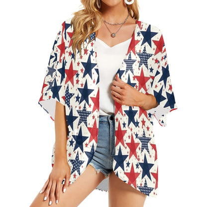 Red White and Blue Stars Beach Kimono Cover Up Chiffon Women, American Stars Stripes Swimsuit Bathing Suit Bikini Sexy Coverup Plus Size