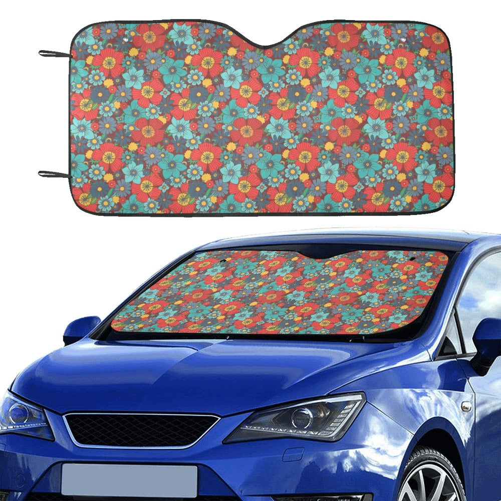 Groovy Flowers Windshield Sun Shade, Red Hippie Floral 70s Art Car Accessories Auto Protector Window Visor Screen Women Cover Decor