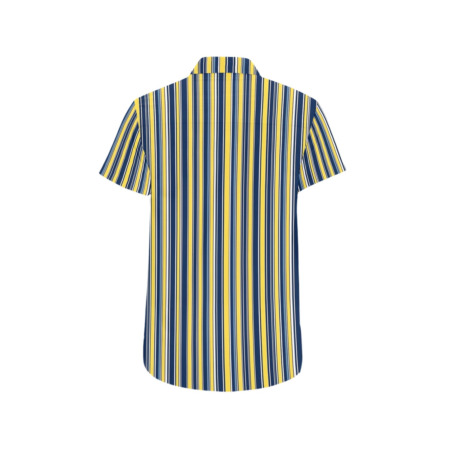 Blue and Yellow Short Sleeve Men Button Down Shirt, Vertical Stripes Vintage Retro Print Casual Buttoned Summer Dress Collared Shirt