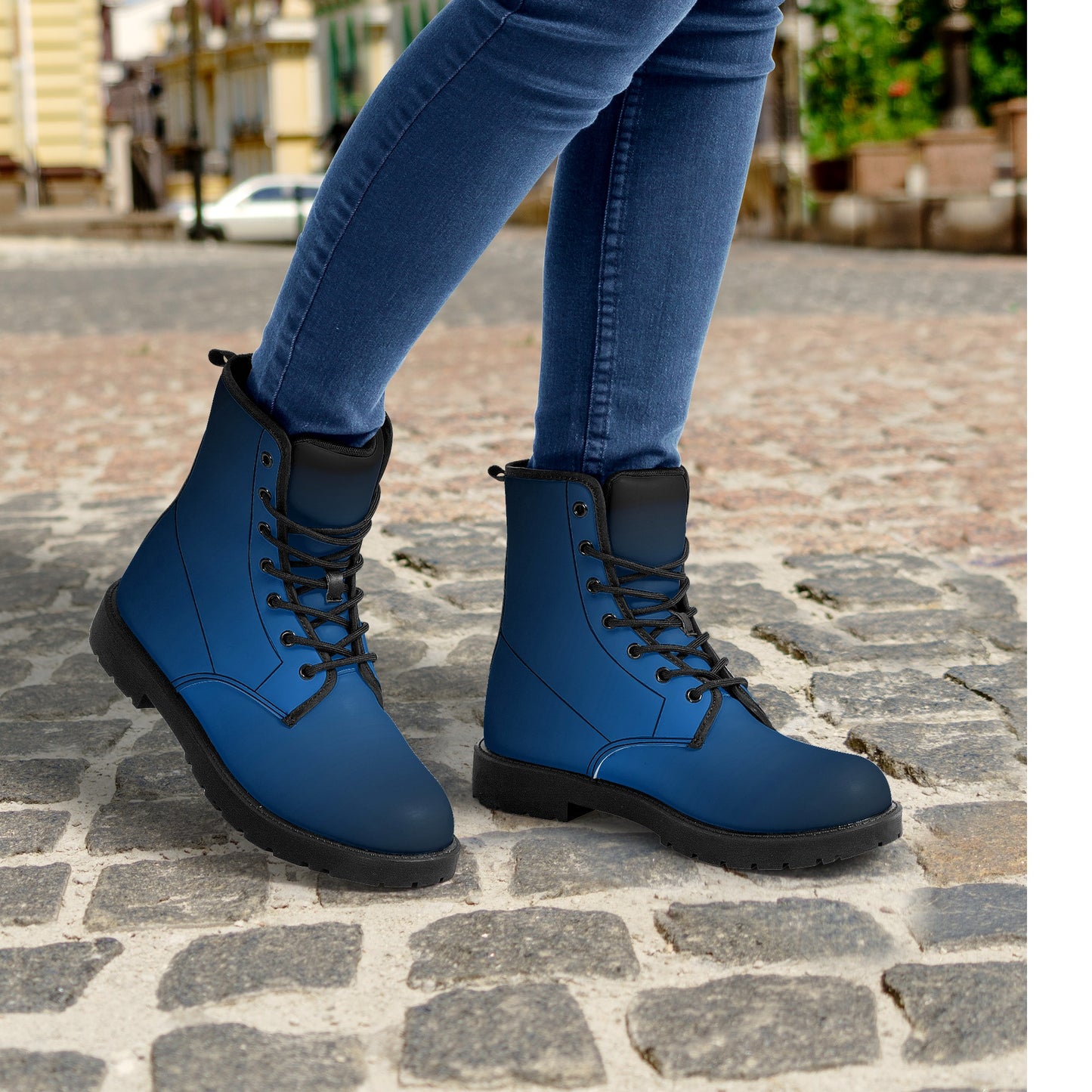 Black Blue Ombre Women Leather Boots, Gradient Lace Up Shoes Hiking Festival Black Ankle Combat Work Winter Casual Custom Gift Starcove Fashion