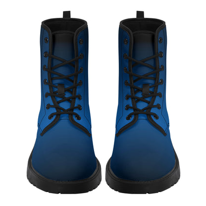 Black Blue Ombre Women Leather Boots, Gradient Lace Up Shoes Hiking Festival Black Ankle Combat Work Winter Casual Custom Gift Starcove Fashion