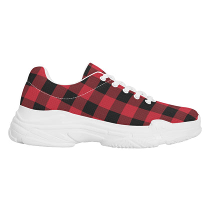 Red Buffalo Plaid Men's Chunky Shoes, Black Checkered Lace Up Exercise Unique Designer Custom Canvas Casual Streetwear Sneakers Starcove Fashion