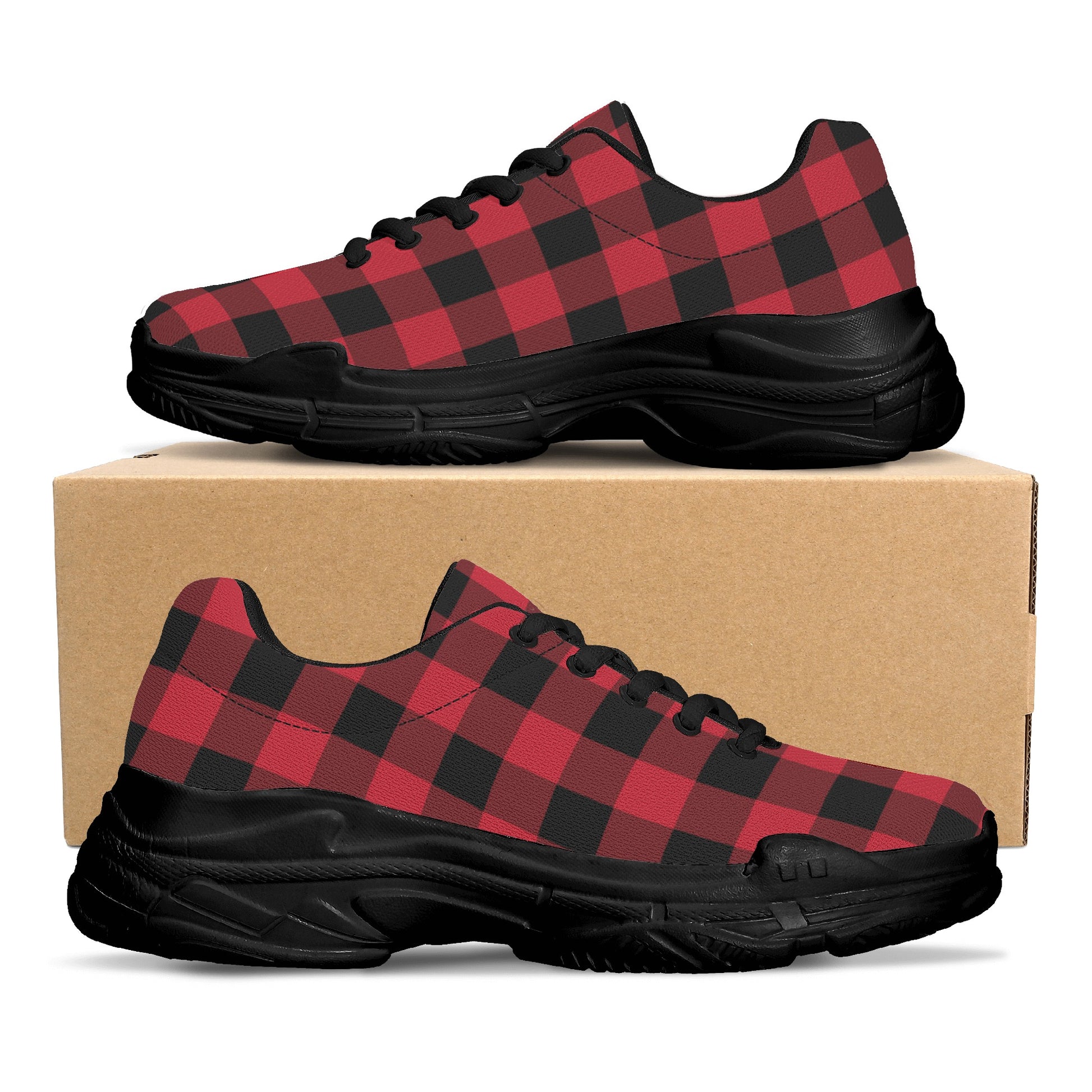 Red Buffalo Plaid Men's Chunky Shoes, Black Checkered Lace Up Exercise Unique Designer Custom Canvas Casual Streetwear Sneakers Starcove Fashion