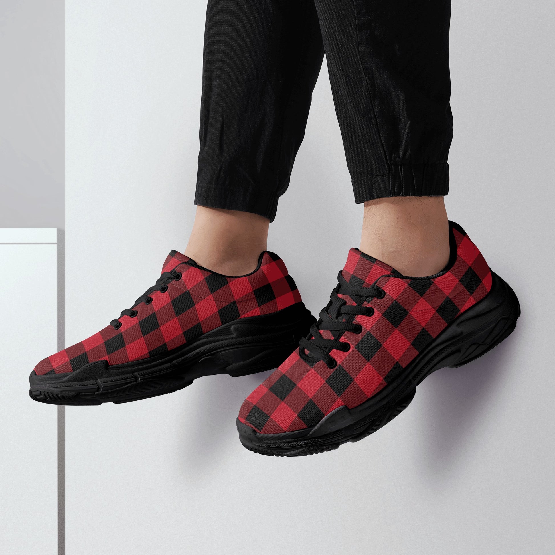 Red Buffalo Plaid Men's Chunky Shoes, Black Checkered Lace Up Exercise Unique Designer Custom Canvas Casual Streetwear Sneakers Starcove Fashion