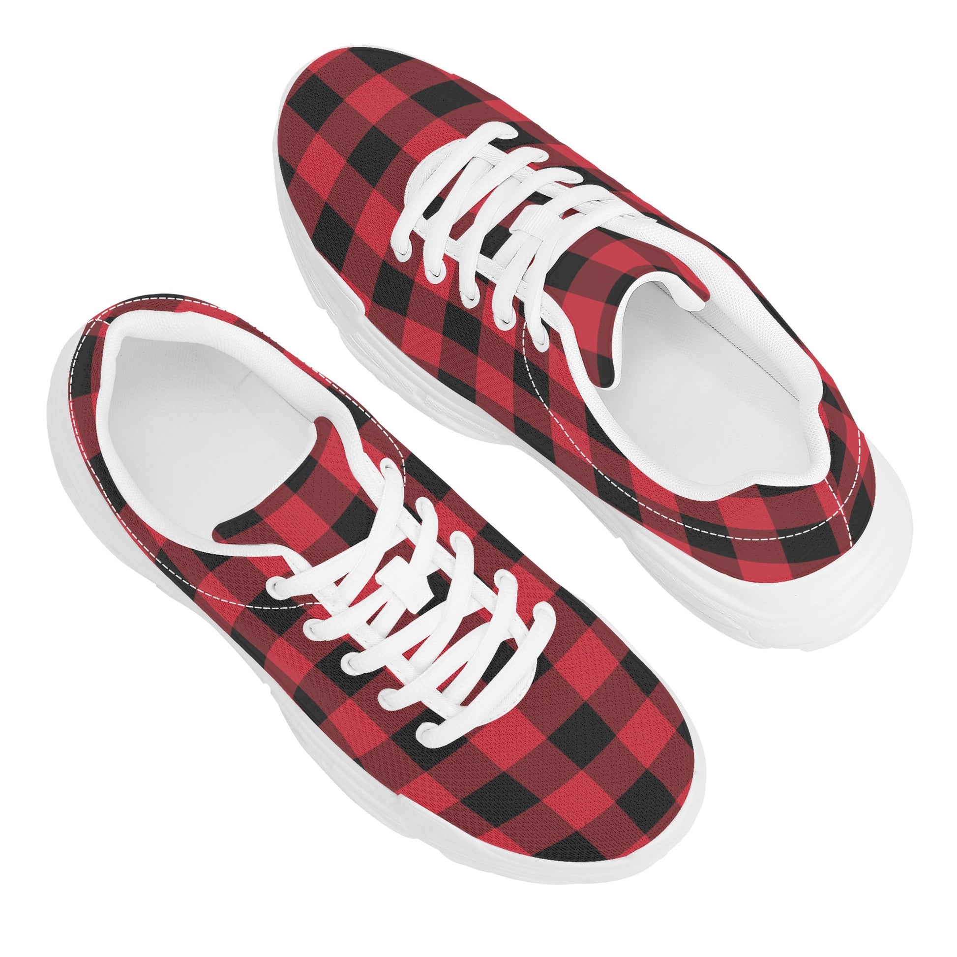 Red Buffalo Plaid Men's Chunky Shoes, Black Checkered Lace Up Exercise Unique Designer Custom Canvas Casual Streetwear Sneakers Starcove Fashion