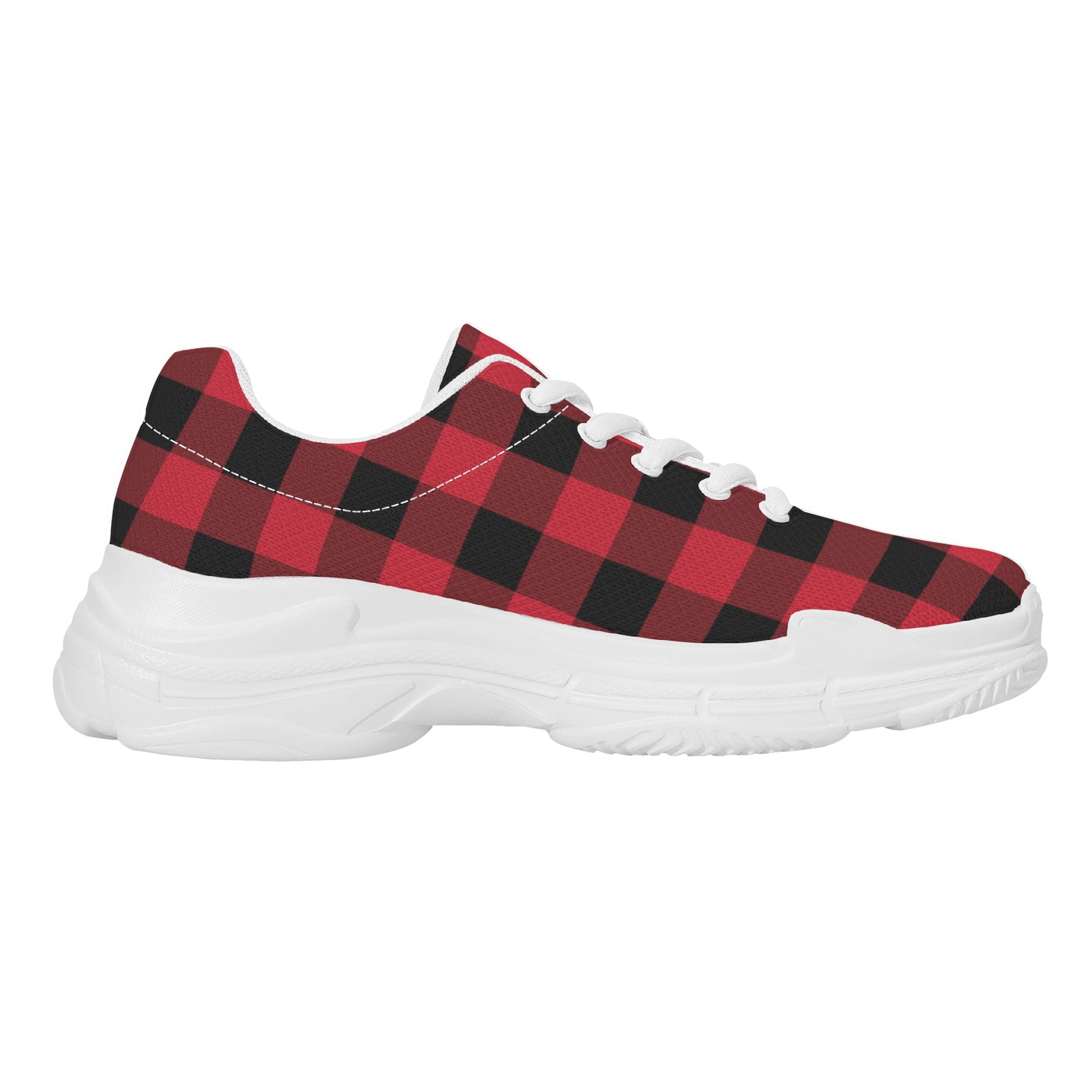 Red Buffalo Plaid Men's Chunky Shoes, Black Checkered Lace Up Exercise Unique Designer Custom Canvas Casual Streetwear Sneakers Starcove Fashion