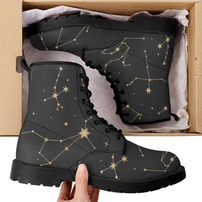 Constellation Women Leather Boots, Stars Space Vegan Lace Up Shoes Hiking Festival Black Ankle Combat Work Winter Waterproof Custom Ladies Starcove Fashion