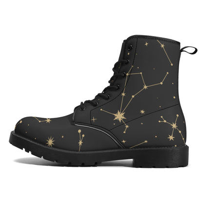 Constellation Women Leather Boots, Stars Space Vegan Lace Up Shoes Hiking Festival Black Ankle Combat Work Winter Waterproof Custom Ladies Starcove Fashion