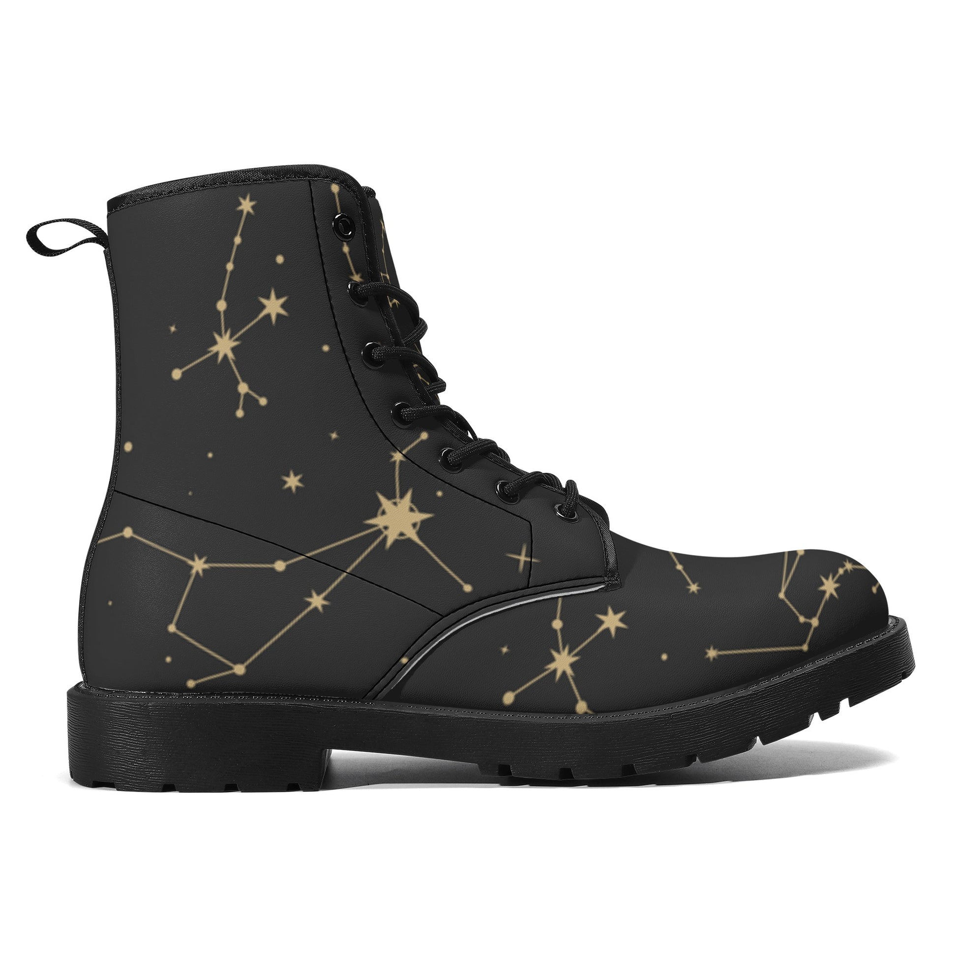 Constellation Women Leather Boots, Stars Space Vegan Lace Up Shoes Hiking Festival Black Ankle Combat Work Winter Waterproof Custom Ladies Starcove Fashion