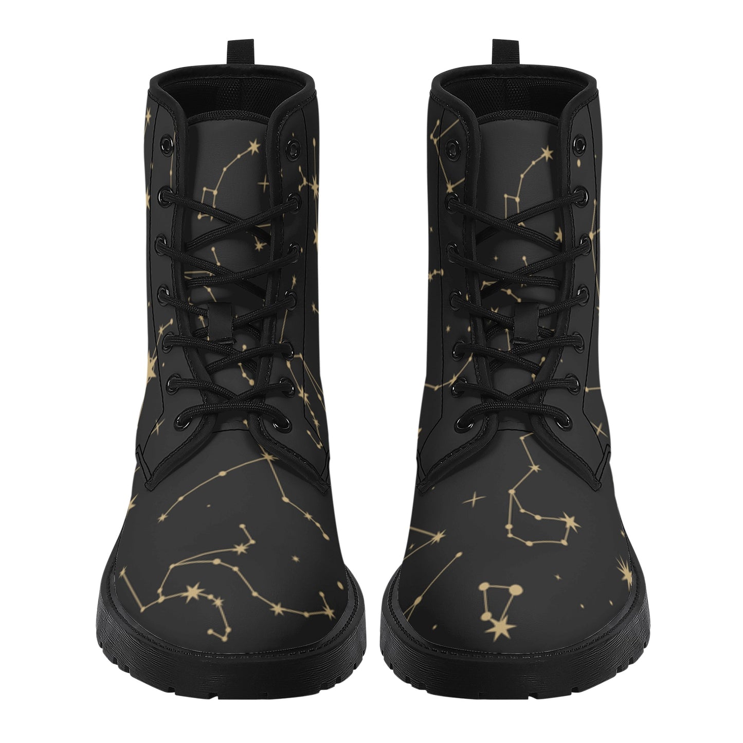 Constellation Women Leather Boots, Stars Space Vegan Lace Up Shoes Hiking Festival Black Ankle Combat Work Winter Waterproof Custom Ladies Starcove Fashion