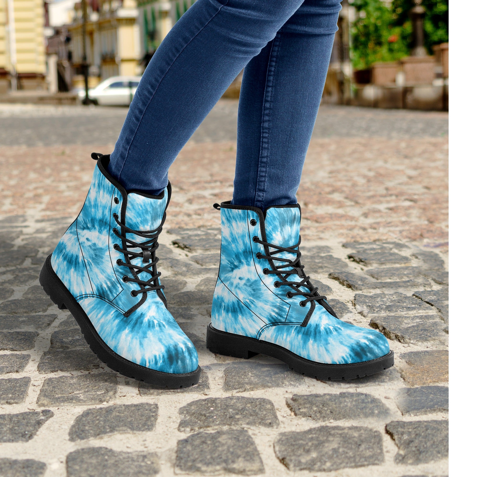 Tie Dye Women Leather Boots Blue Vegan Lace Up Shoes Festival