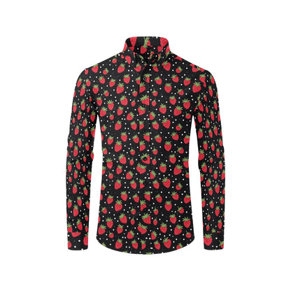 Strawberry Long Sleeve Men Button Up Shirt, Red Black Summer Fruit Print Casual Guys Male Buttoned Collar Dress Shirt with Chest Pocket