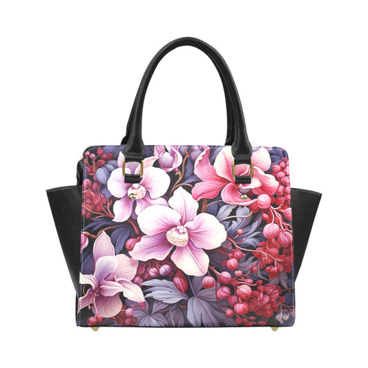 Orchids Floral Purse Handbag, Cute Flowers Pink Vegan Leather Designer Women Satchel Top Zip Handle Bag Shoulder Strap Ladies