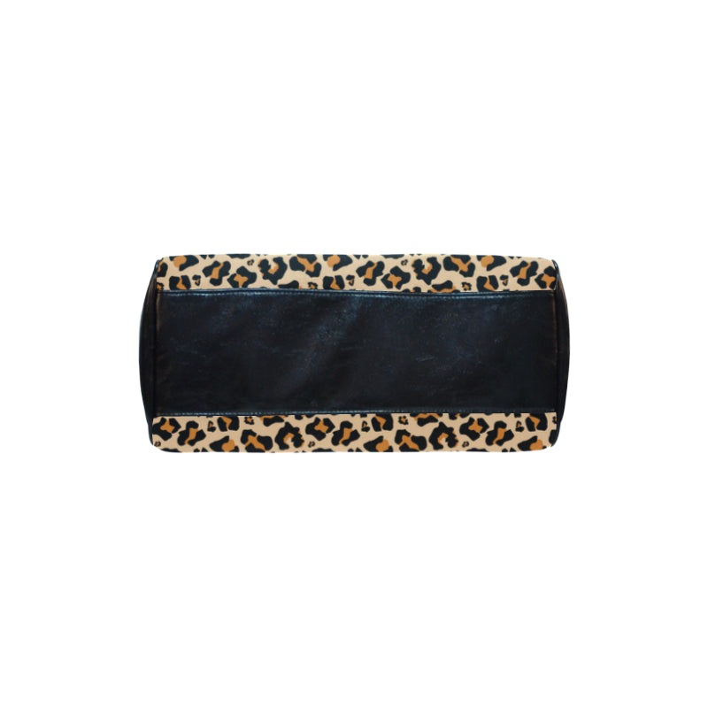 Leopard Print Purse Handbag, Animal Cheetah Canvas and Leather Top Handle Boston Barrel Type Designer Accessory Women Bag